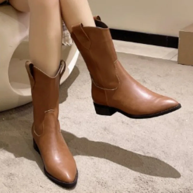 Shoes Female 2023 Plus Size Women's Boots Mid-Calf Modern Boots Women Solid Slip-on Pointed Toe Square Heel Retro Female Shoes