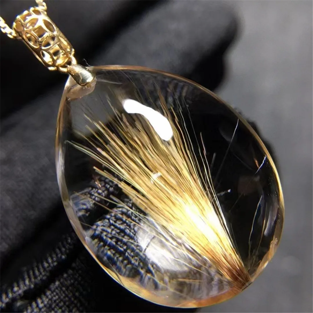 

Natural Gold Hair Rutilated Quartz Pendant 18K Gold For Woman Lady Man Gift Clear Crystal 24x17x10mm Beads Jewelry AAAAA
