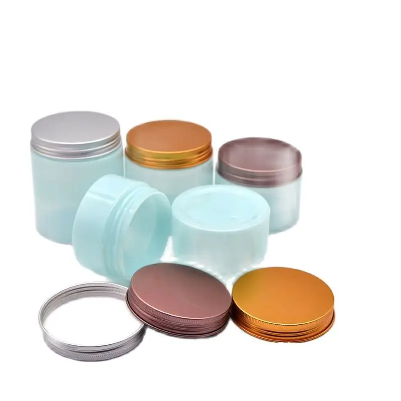 

100ml 120ml 150ml 200ml 250ml Cream Containers Light Blue Wide Mouth Bottle Pots Aluminum Lids Empty Plastic Cosmetic Jars