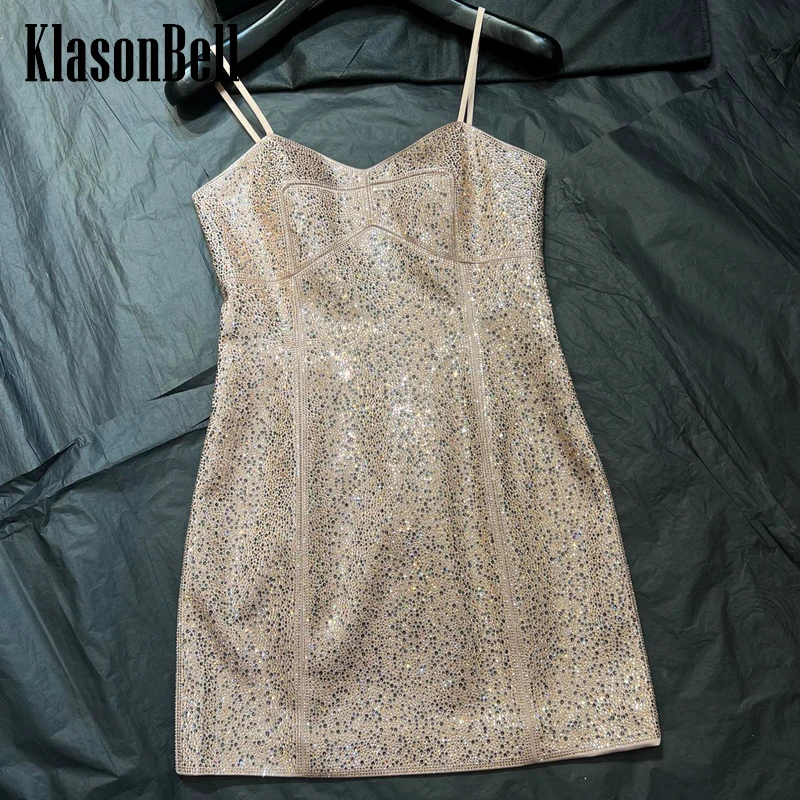 

3.19 KlasonBell 2024 New Fashion Sexy Spaghetti Strap Mini Dress Women Handmade Bling Diamonds Strapless Banquet Party Dress