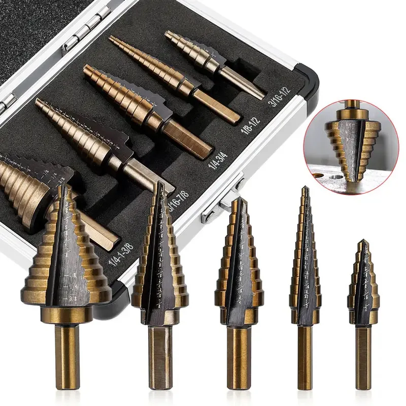 5/6 Pcs Step Drill Bit Titanium Milling Cutter & Automatic Center Punch Saw Drill Bit Set for Woodworking Metal Core Hole Opener