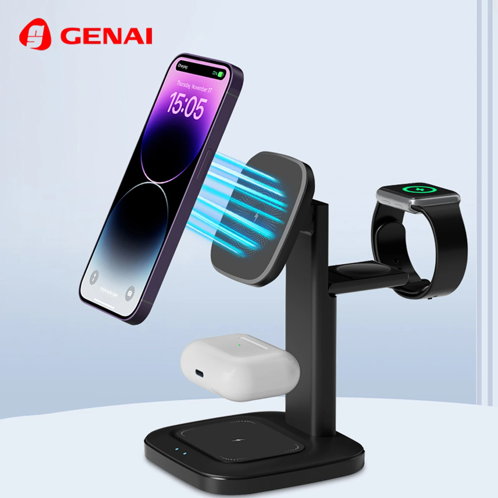 

GENAI 3 in 1 Charging Station for Multiple Devices Wireless Charger 15w Fast Charging Stand Dock for Phones Earbuds Smart Watch