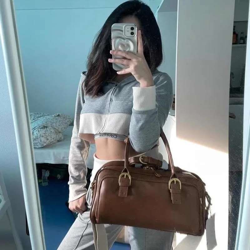 Retro Brown Sle Tote Bag Women Korean Style Leather Large Capacity Boston Pillow Bag Ladies High End Commute Shoulder Bags 2025