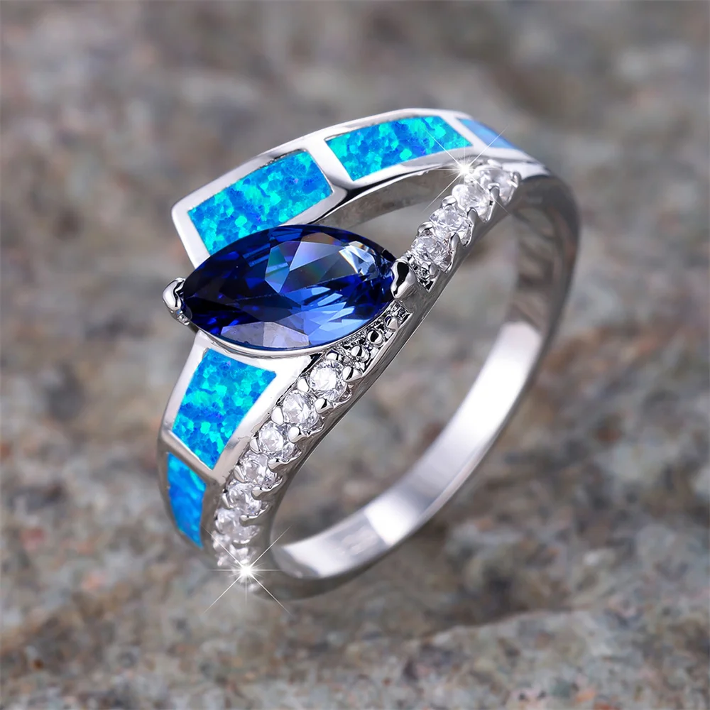 Blue Opal Geometric Crystal Marquise Stone Rings For Women Vintage Silver Color Wedding Band Engagement Jewelry Birthday Gifts