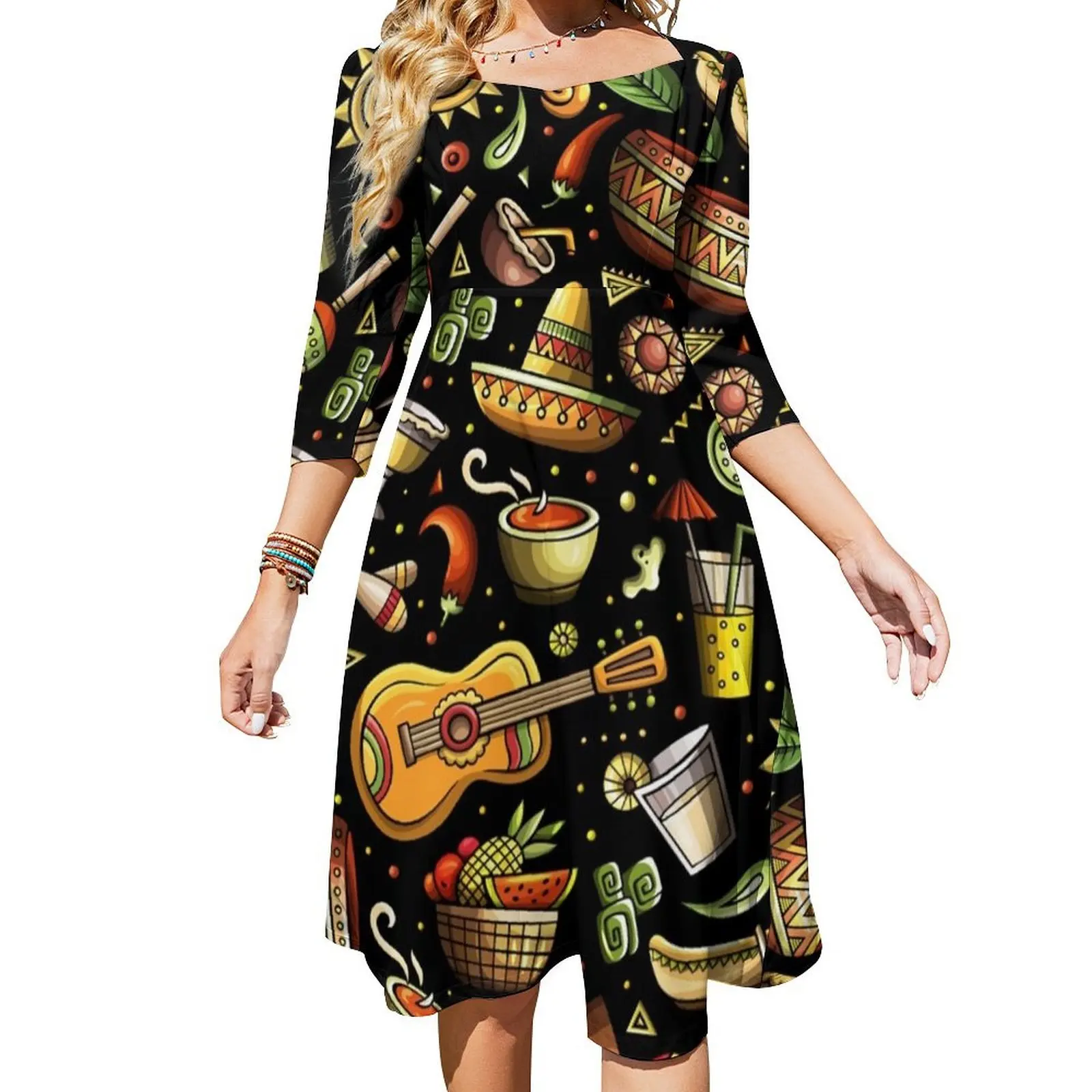 

Платье с рисунком ручной работы в латиноамериканском стиле, мексиканское бесшовное расширяющееся книзу платье с рисунком, летние платья для женщин 2024, платья для торжества