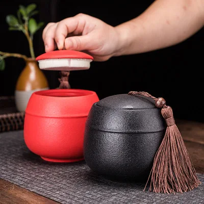 Tea Box Organizer Kitchen Ceramic Jar Seal Storage Holder Sweetmeats Candies Cans Teaware Tea Caddies Tin Containers Black