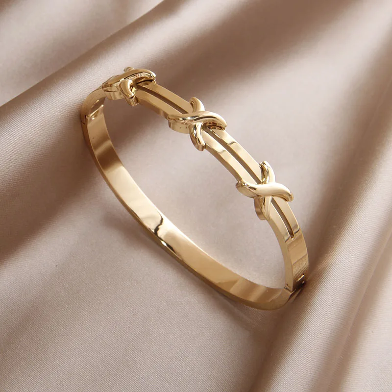 Classic Stainless Steel Metal Cross Geometric Bracelet for Women Elegant Letter Bangles Rust-proof Wrist Jewelry 4