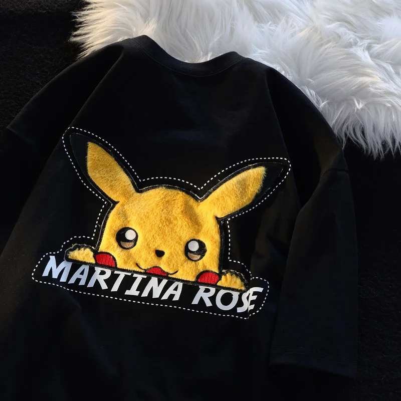 

Anime Pikachu Short Sleeve T-Shirt Kawaii Cartoon Plush Embroidery Cute Versatile Casual Loose Couple Clothes Top Tees T Shirts