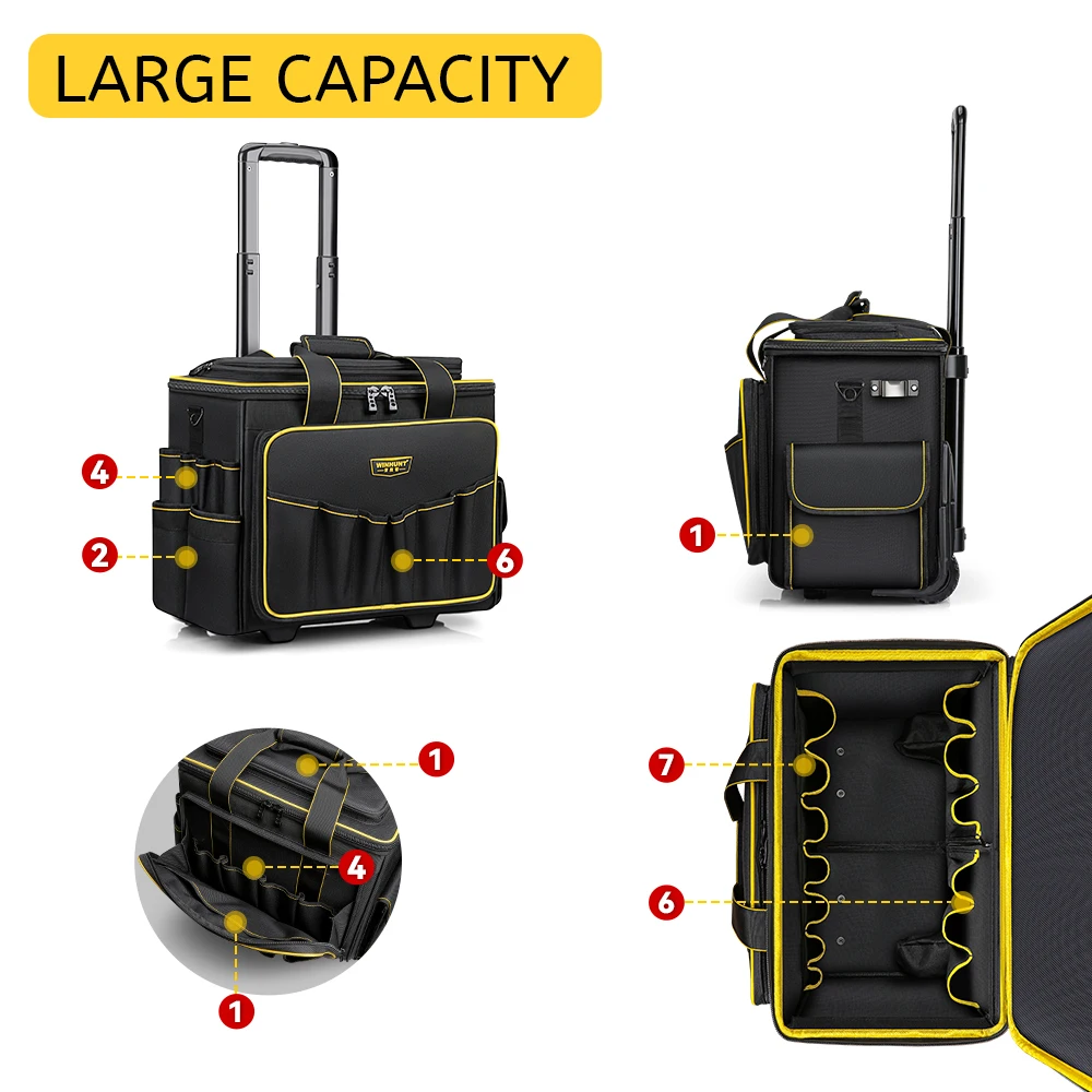 윈헌트 롤링 공구 가방, 텔레스코핑 고무 손잡이 및 고하중 휠 포함, 롤링 가방, 조절 가능한 텔레스코핑 손잡이