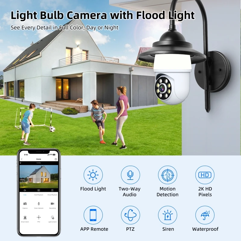 3MP 1296P iCsee APP Floodlight Full Color E27 Wireless PTZ IP Dome Camera AI Humanoid Detection Security CCTV Baby Monitor 2