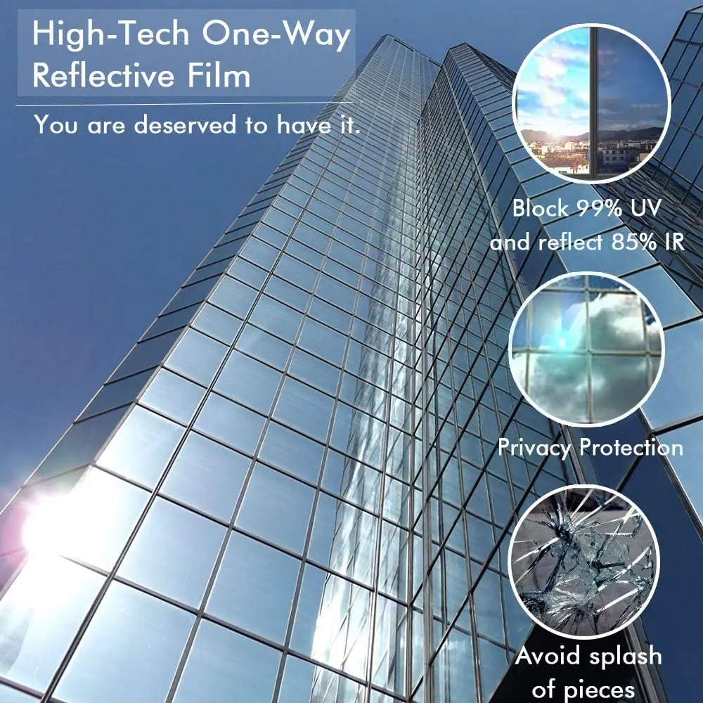 One Way Window Film Privacy Mirror Effect Reflective Window Tint for Home Self Adhesive UV Sun Blocking Heat Control Glass Films