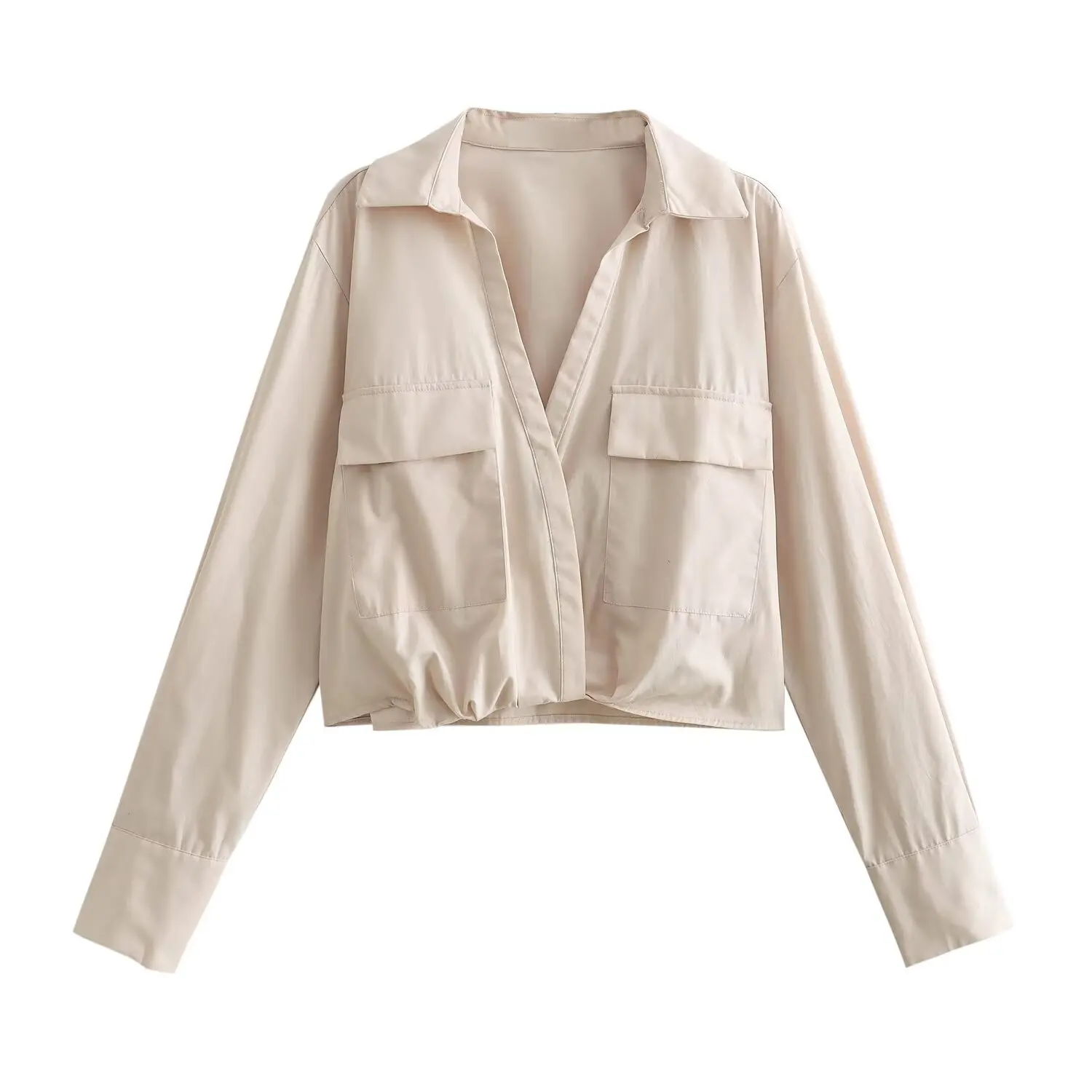 

Women's 2024 New Chic Fashion Casual Joker Pocket Decoration Poplin Short Blouses Retro Long-sleeved Blouses Chic Tops.