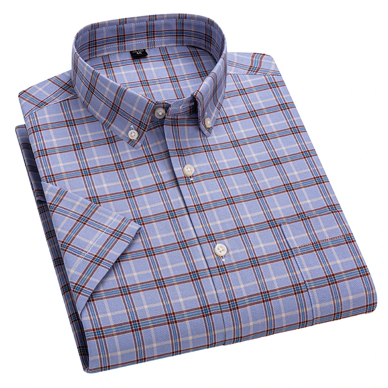 Cotton Stripe Shirts For Men Summer Short Sleeve Oxford Plaid Casual Fashion High Quality Soft Slim Fit Comfort Office Tops