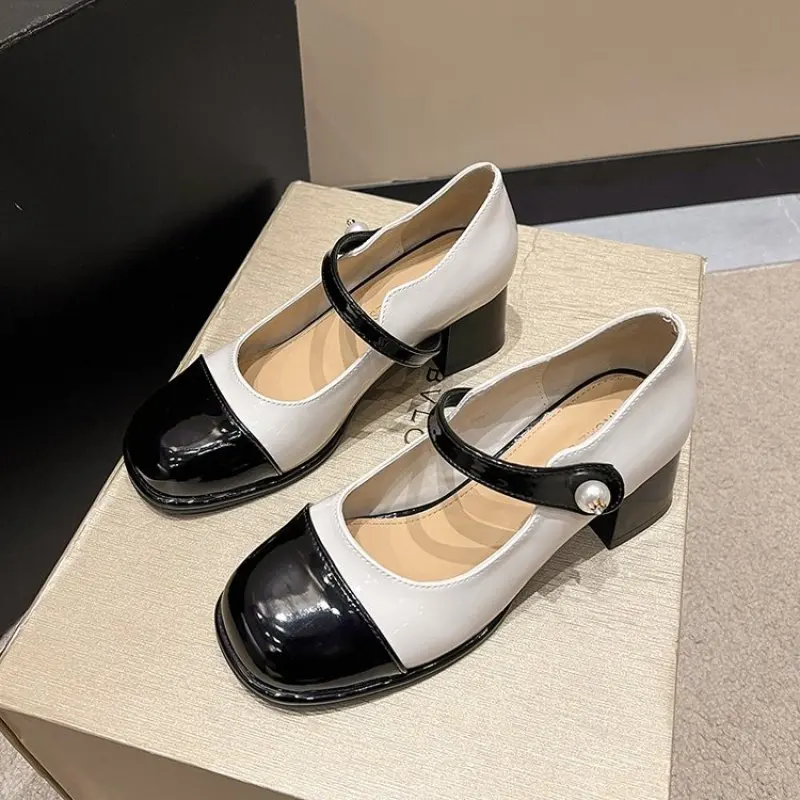 Womens's High Heels 2024 Autumn New Thick Heel Leather Shoes Elegant Dress Splicing Shallow Buckle Strap Ladies Pumps