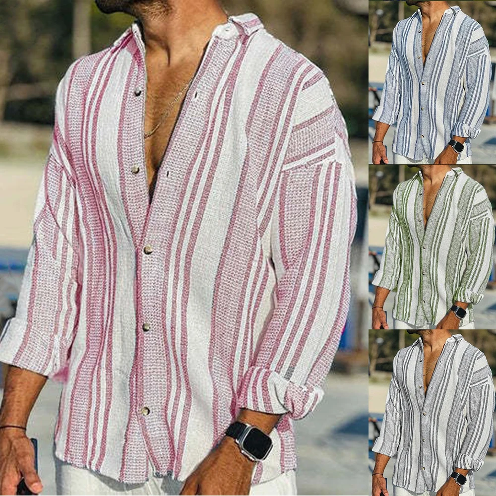 Spring And Summer Mens New Casual Shirt Stripe Pattern Fashionable Trendy Holiday Style Handsome Retro Long Sleeve Shirt