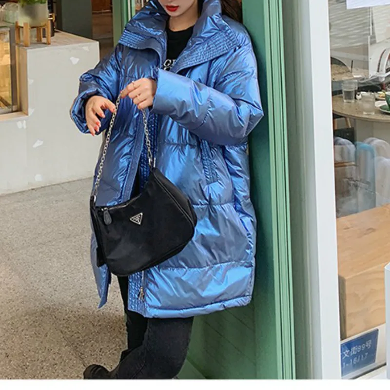 2023 New Fashion Winter Jacket Ladies Down Cotton Long Coat Shiny Face Women's Plus Size Bread Coat Stand-up Collar Coat Winter bubble coat bread coat new fashion pu leather stand up collar short jacket winter and autumn women s down jacket parkas mujer