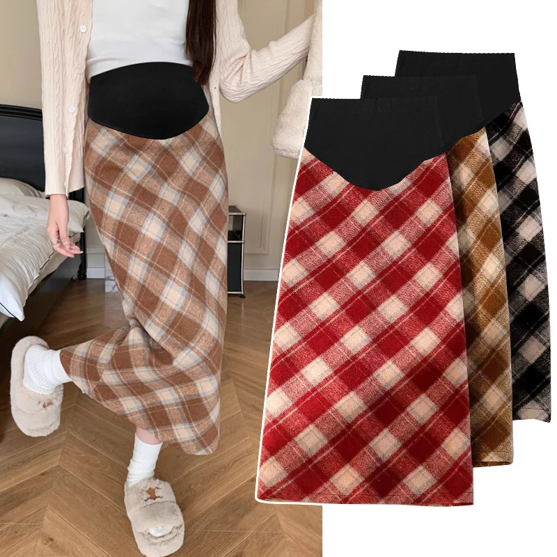 Autumn Winter Vintage Check Woolen Skirts for Maternity Elastic Waist Plaid Pencil Long Bottoms for Pregnant Women Pregnancy
