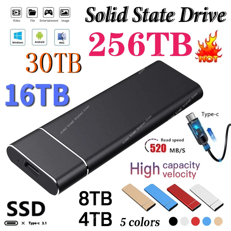 

Portable SSD 16TB 2TB Hard Disk High-Speed External Hard Drive Type-C/USB 3.0 Interface Storage Device for Laptop/Desktop/Mac/PC