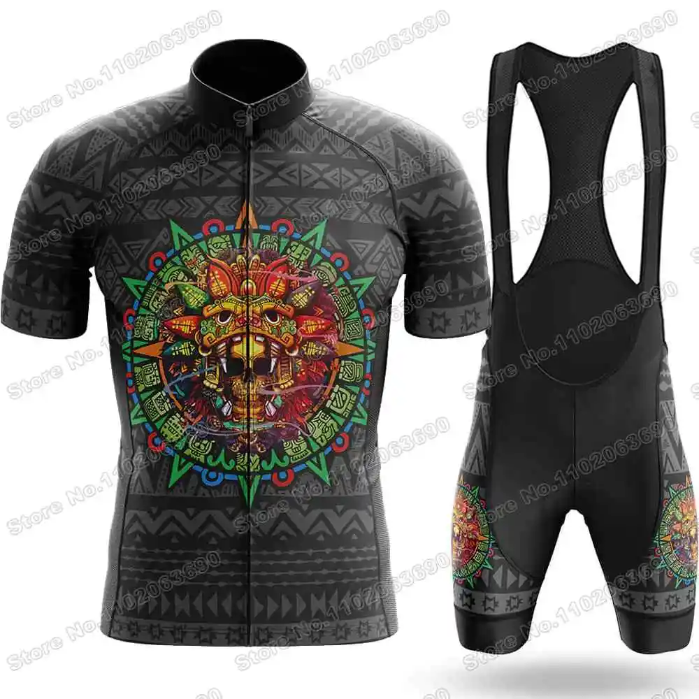 Mexico Cycling Clothing Mexican Aztec Axolotl Quetzalcoatl Aztec Jaguar Cycling Jersey Set Men Road Bike Shirt Suit MTB Uniform