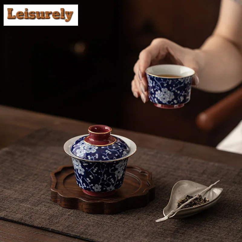 120ml Plum Blossom Hovering Gaiwan Ancient Tea Tureen Tea Bowl With Lid Kit Tea Maker Cover Bowl Cha Decoration With 65ml Teacup