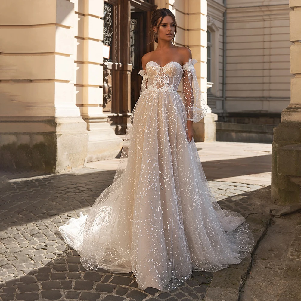 

Flavinke Sexy Sweetheart Strapless Puff Sleeves A-Line Wedding Dresses For Bride Backless Glitter Dot Tulle Robe De Marié 2024