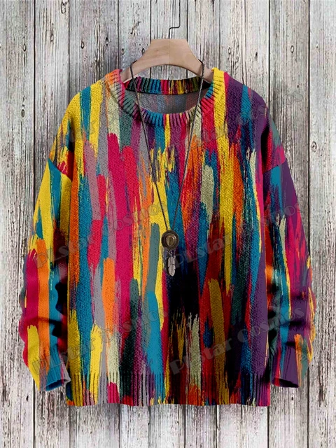 【超希少】Vintage docking 3D knit Winter Unisex Casual Knit Pullover Sweater Rainbow Colors