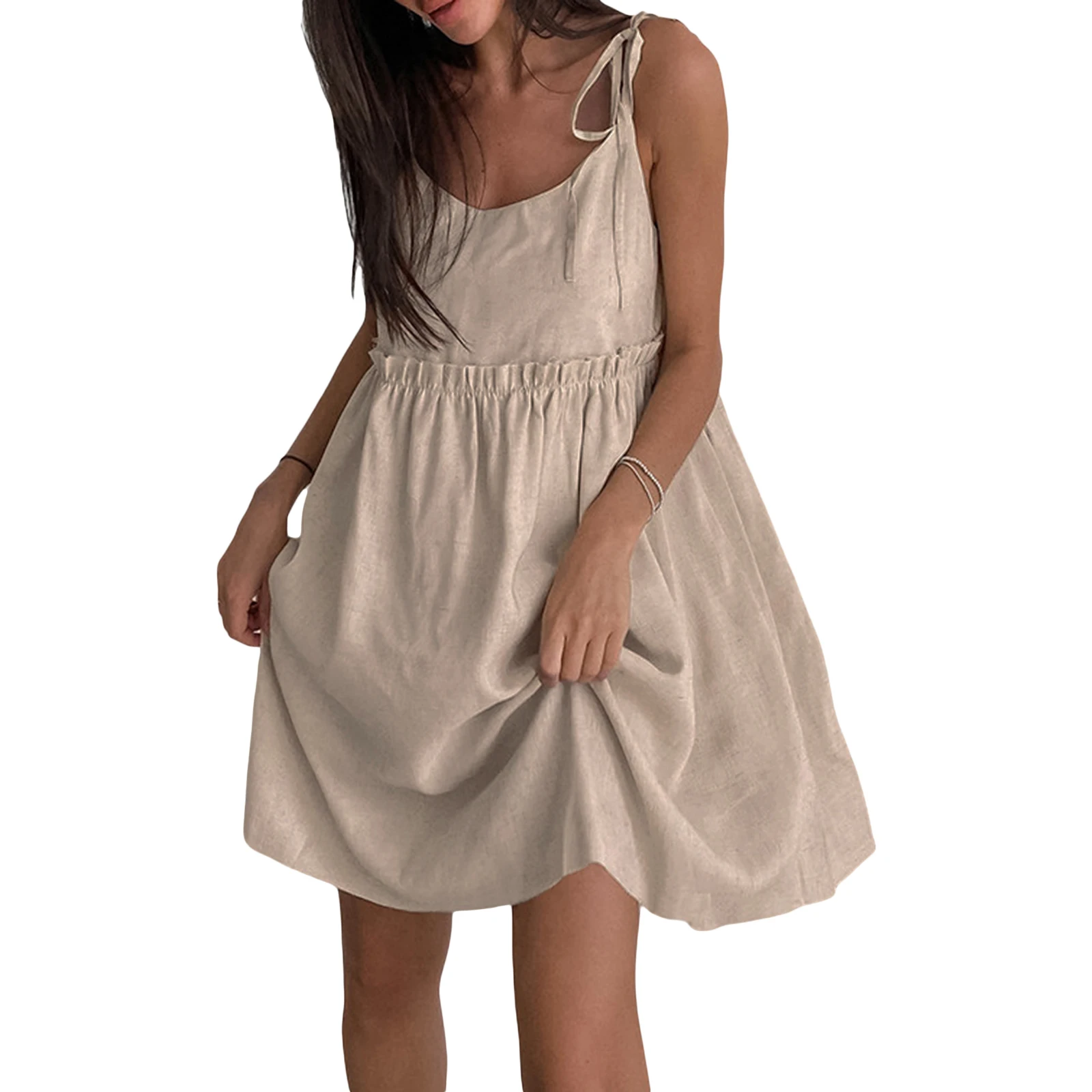 

Women Spaghetti Strap Sleeveless Dress Summer Solid Color Bandage Loose A-Line Party Dress for Beach Cocktail Nightclub