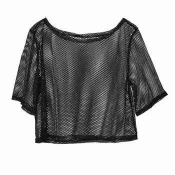 Women Fishnet Tank T-Shirt Casual Crop Tops See Through Mesh Top Women's Mesh Yoga Shirt Sexy Mesh Cover Up Party Dance Top 1
