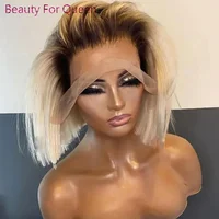 Perruque Bob Lace Front Wig sans colle naturelle, cheveux courts lisses, blond ombré, 13x6, racines foncées, densité 180%, pour femmes 1