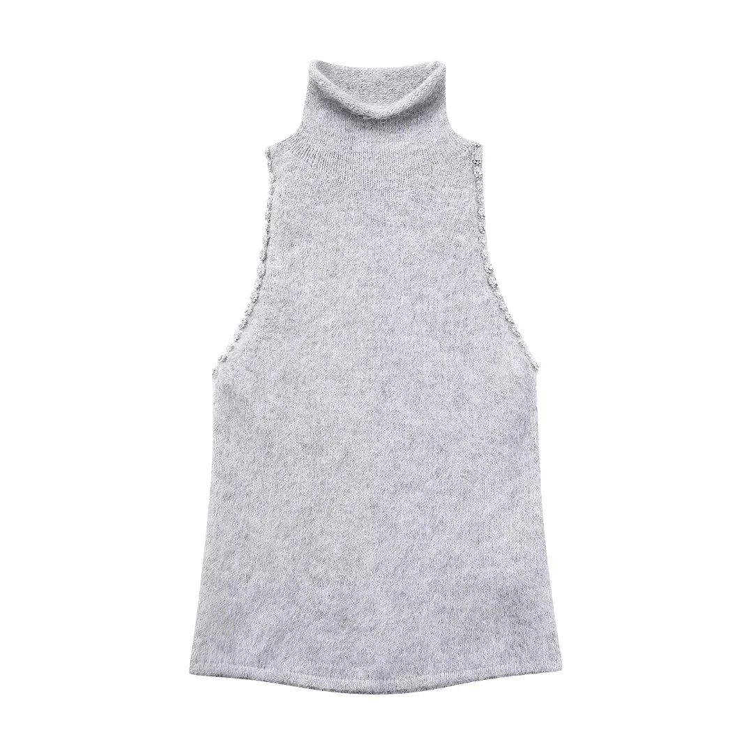 

TRAF Women Sleeveless Knit Vest 2023 Autumn Fashion Fitted Casual Turtleneck Tank Top Female Daily Elegant Jewel Applique Vest