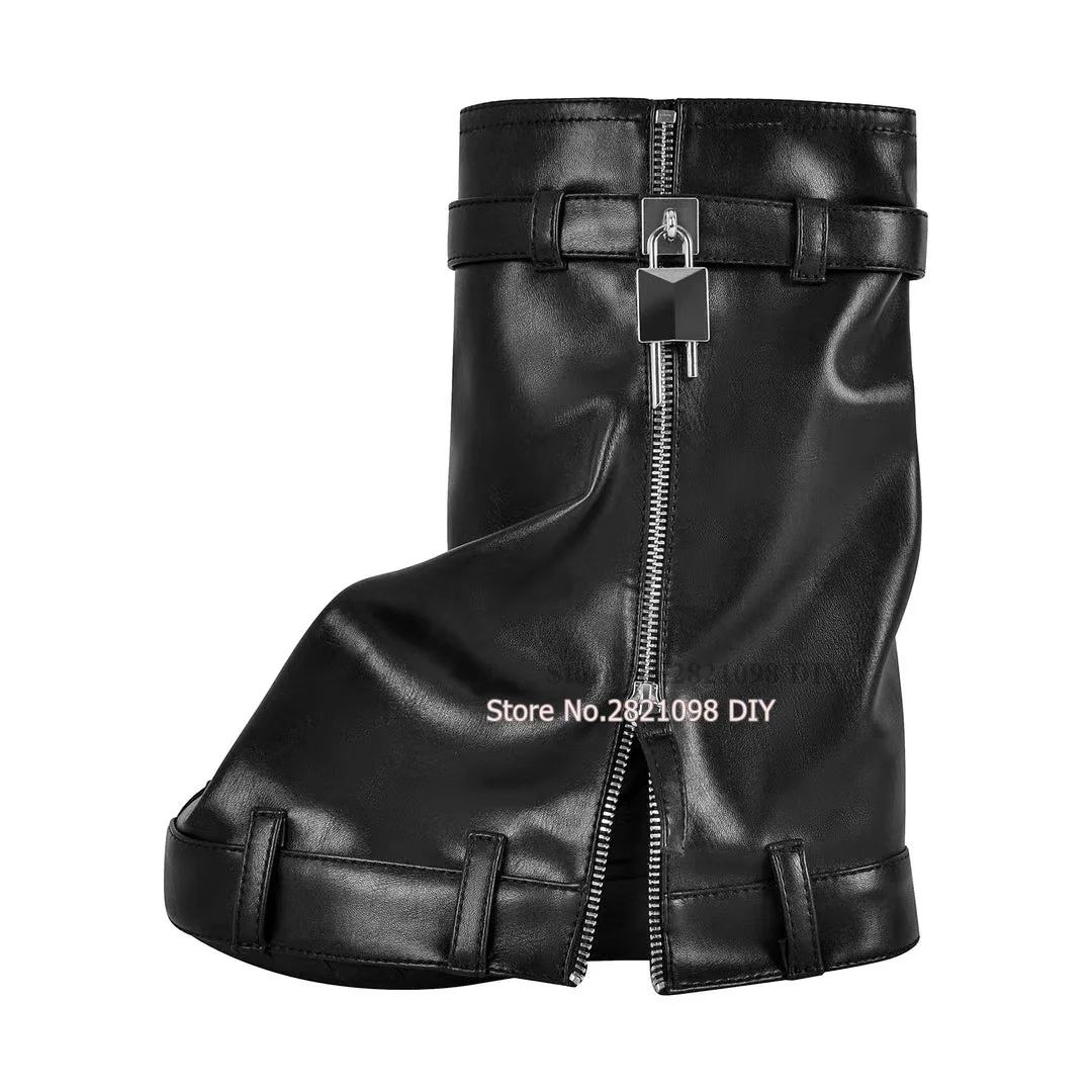 

Black Soft Leather Wedge Heeled Lock Designer Shark Boots Women Mid-Calf Side Zipper Boots Side Pant Boot Plus Size 44