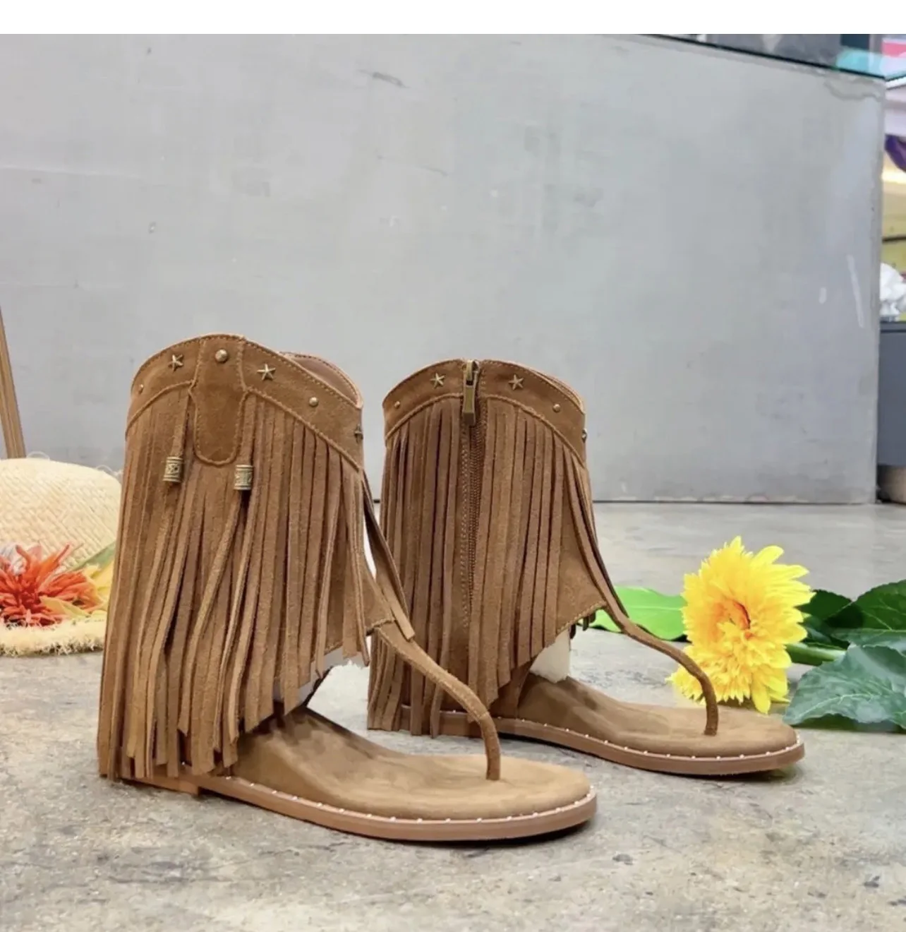 2025 New Summer Women Rivet Slip-On Roman Sandals, Bohemian , Woven Crossover Str | ChicGrl