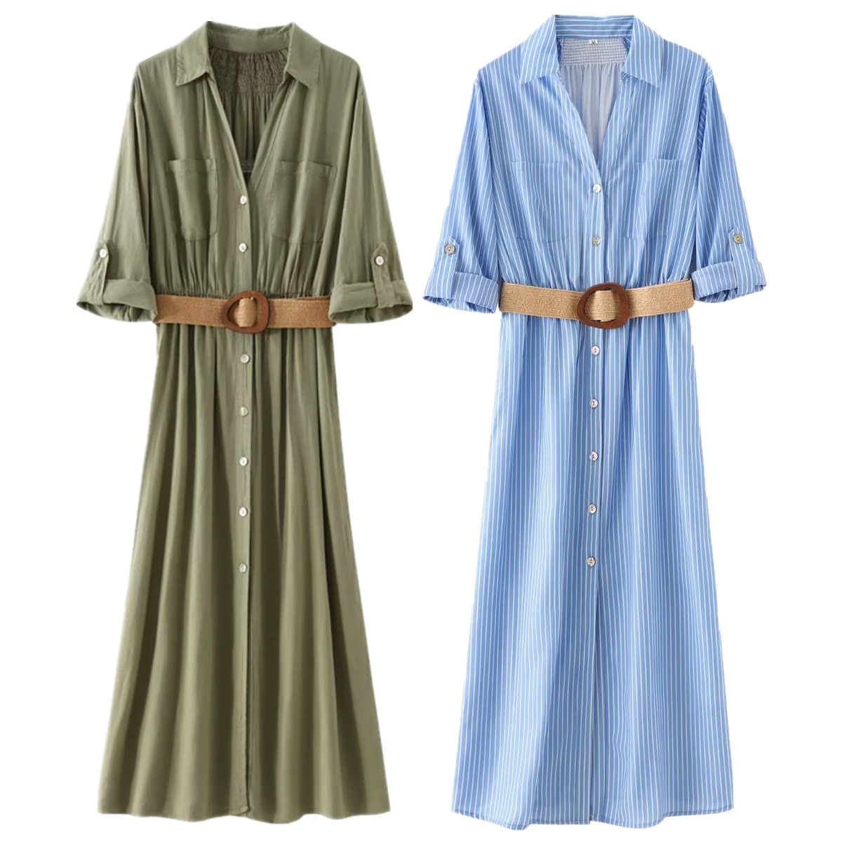 

Withered Fashion Office Ladies Commuter Loose Dress Women Caual Midi Dress Nordic Minimalist Retro Jute Belt Long Shirt