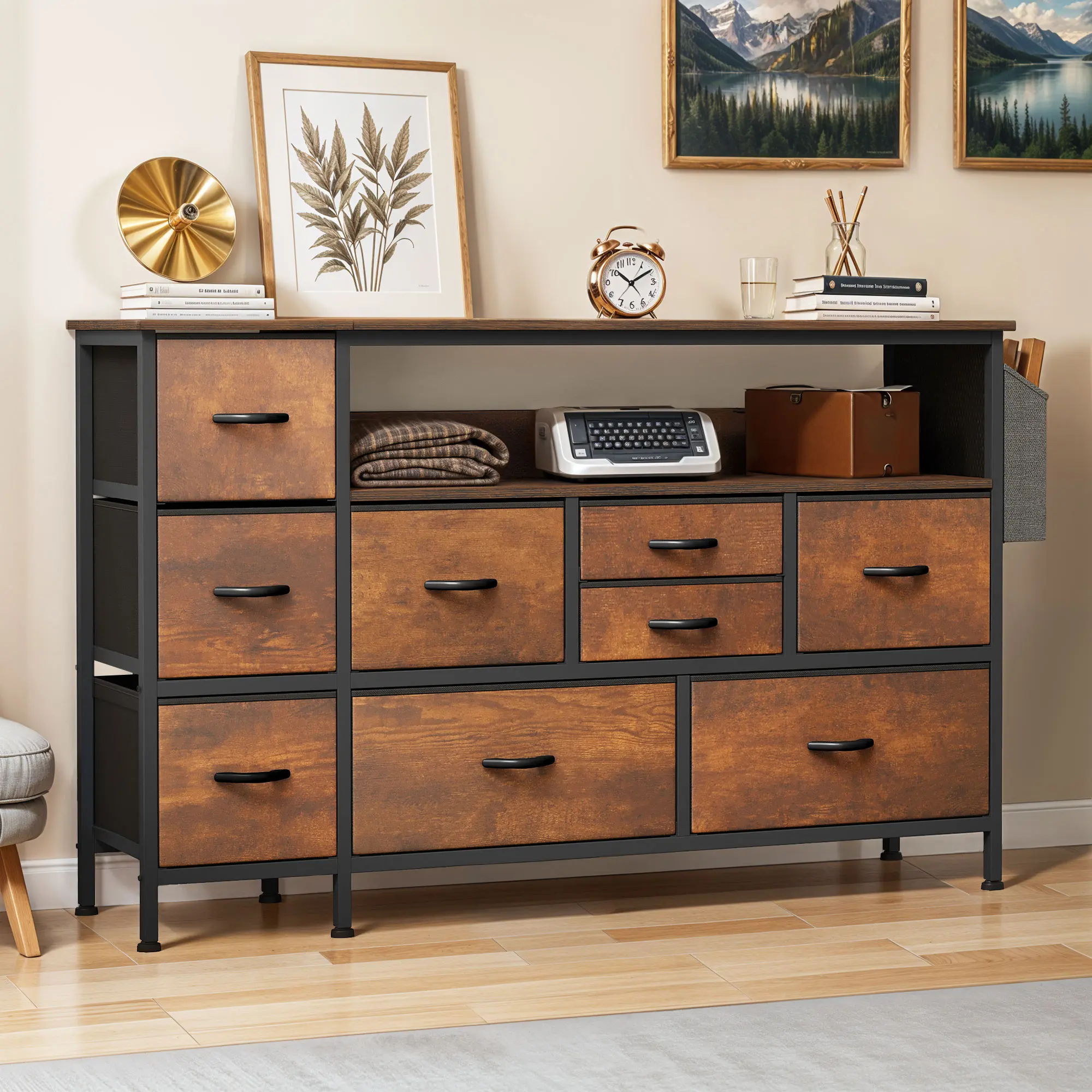 TV Stand Dresser Storage 9 Drawer Power Outlet Side Pockets Hooks