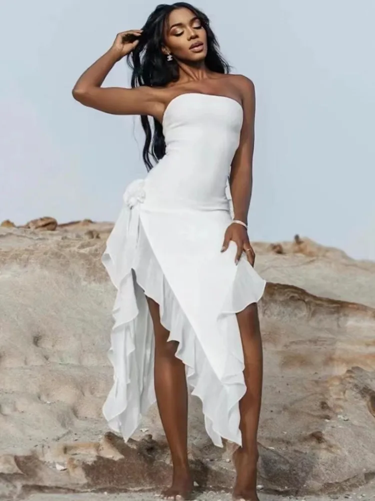 

Sexy Bandage Dress for Women Summer Hot Strapless Open Leg Ruffles Asymmetric Long Celebrity Evening Club Party Gowns Nightwears