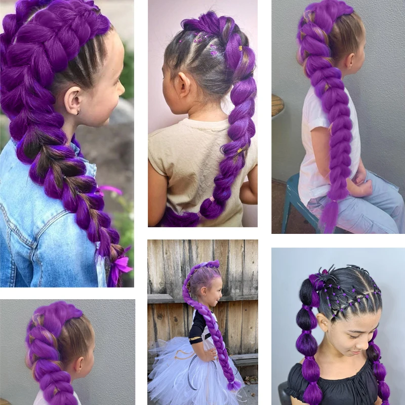 Synthetic Purple Hair Ponytail Wig Extension for Braiding Purple Hair for Kids Girls Ponytail with Hair Tie for Costume Party