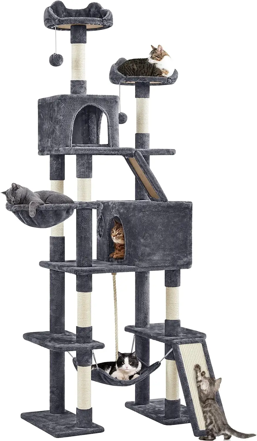 82.5in Large Cat Tree, Multi Level Cat Tower w/ 2 Cozy Condos, 2 Ear Perches, Scratching Posts, Hammock, Basket, Cat Furniture