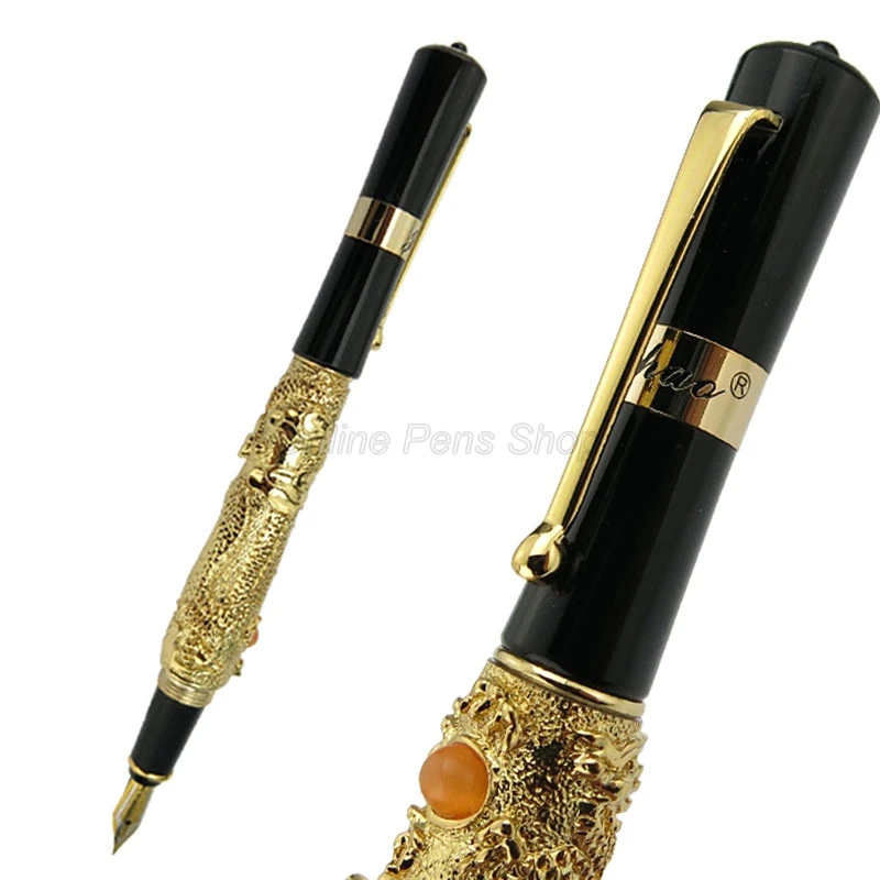Jinhao Golden Ancient Flying Dragon Carving Embossing Pattern Medium Nib Fountain Pen Professional Office Stationery Accessory professional high quality 16sqm big power trilobites soft kite for flying large