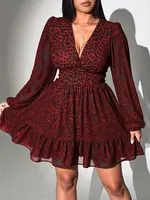 New Sexy V-Neck Leopard Print Long-Sleeve Dress Plus Size Women Clothing American Slim A-Line Skirt Elegant Party Evening Dress