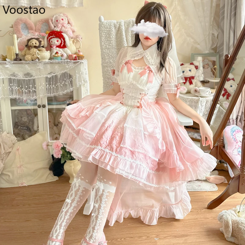 Japanese Vintage Sweet Lolita Dress Women Elegant Cute Bow Bandage Princess Party Mini Dresses Girls Kawaii Flower Wedding Dress