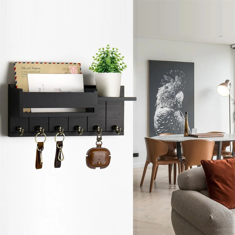 Decorative Key Rack and Mail Organizer with 6 Key Hooks Rustic Wood Key Holder Wall Mounted with Shelf for Living Room Enterway 2
