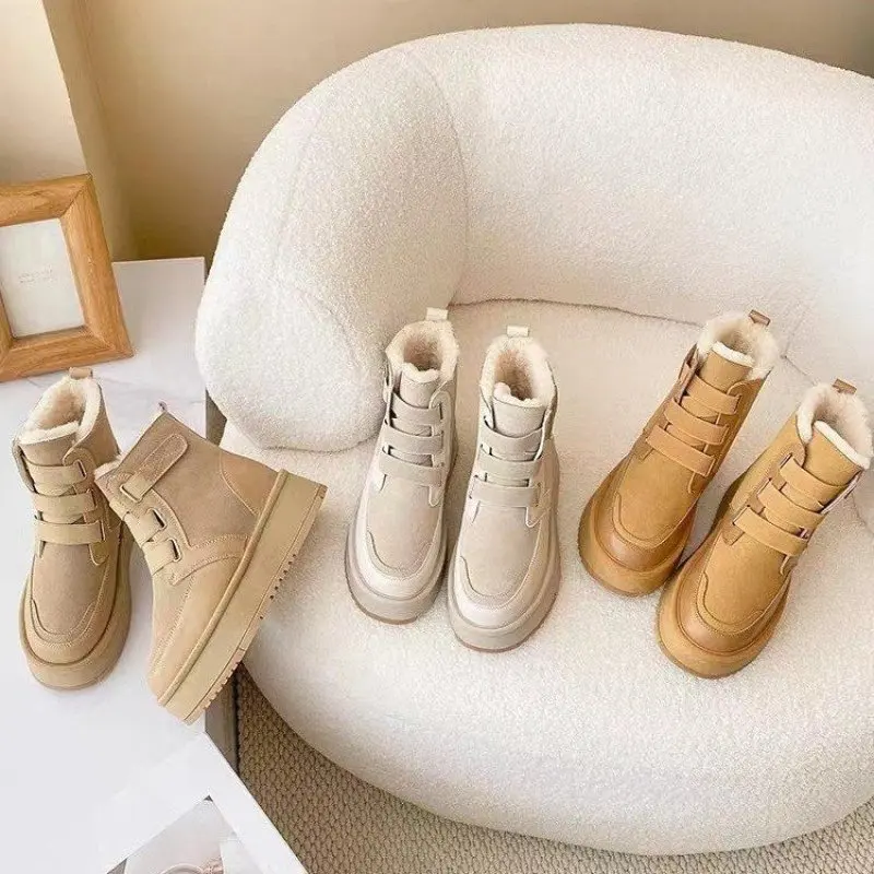 Autuspin Winter Snow Boots Women Genuine Suede Leather Leisure Shoes Outdoor Basic Keep Warm Wool Ankle Boots Woman Size 35-40