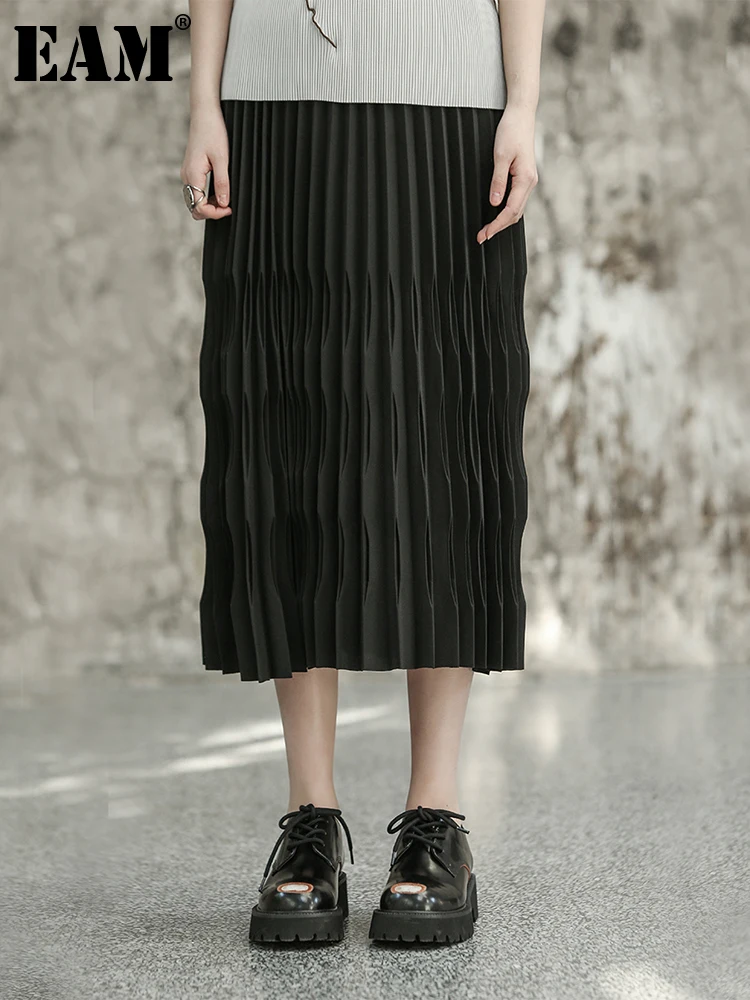 

[EAM] High Elastic Waist Black Pleated Loose Fit Casual Half-body Skirt Women Fashion Tide New Spring Autumn 2024 1DF6806