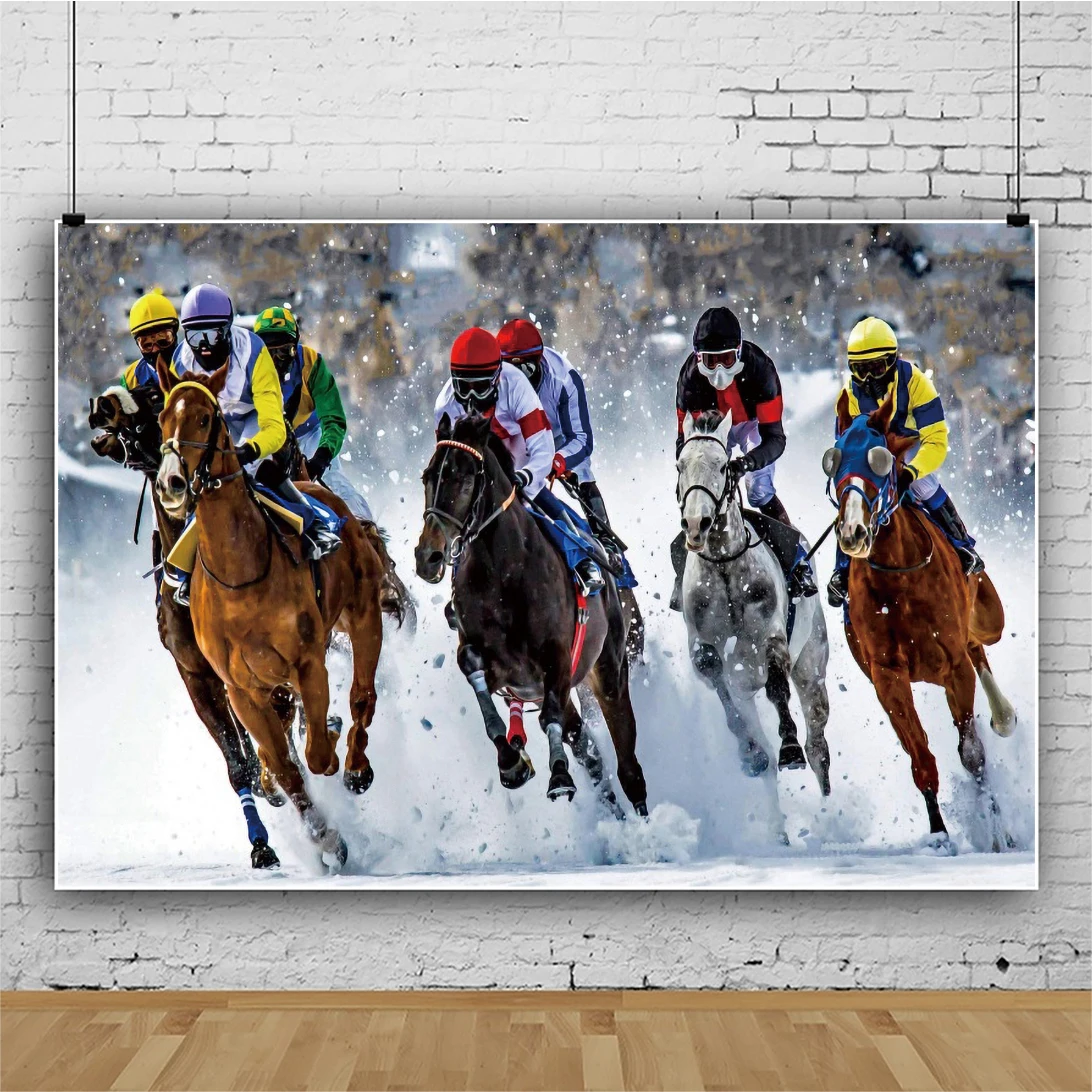 Laeacco Horse Racing Activity Backdrop Winter Snow Race Course Photocall Kids Adult Portrait Customized Photography Background