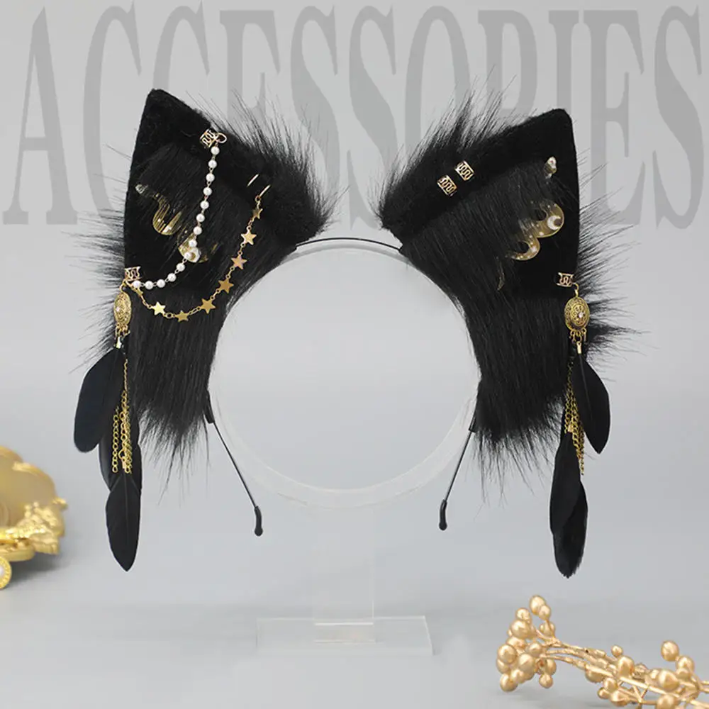 Simulation Wolf Ears Headwear Gothic Style Plush Foxes Ears Headband Cosplay Halloween Party Feather Tassels Hair Accessories women peplum waist belts designer butterfly gold silver swim body chain y2k streetwear punk gothic style jeans dress accessories