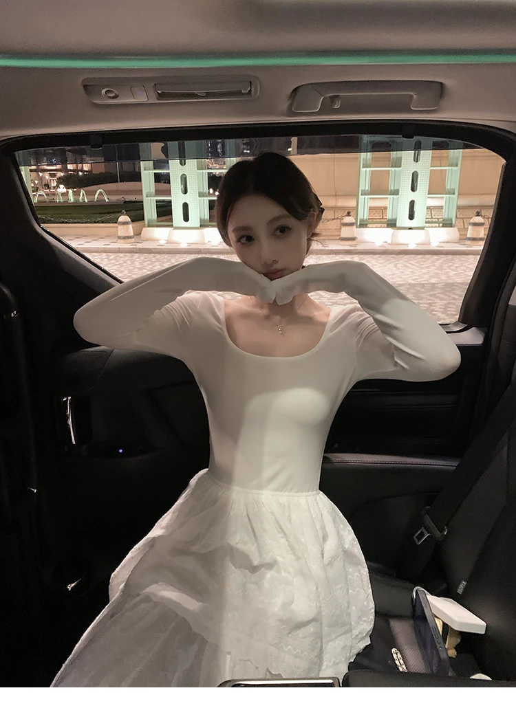 Autumn New Cake Midi Dresses for Women Solid Long Sleeve U-neck Backless A-line Korean Fashion Casual One Piece Vestidos Mujer