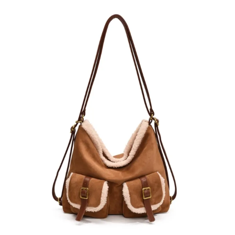 Retro Faux Suede Brown Tote Bag Women Fuzzy Trim Large Capacity Shoulder Bags Ladies Stain Resistant Multi Functional Backpack