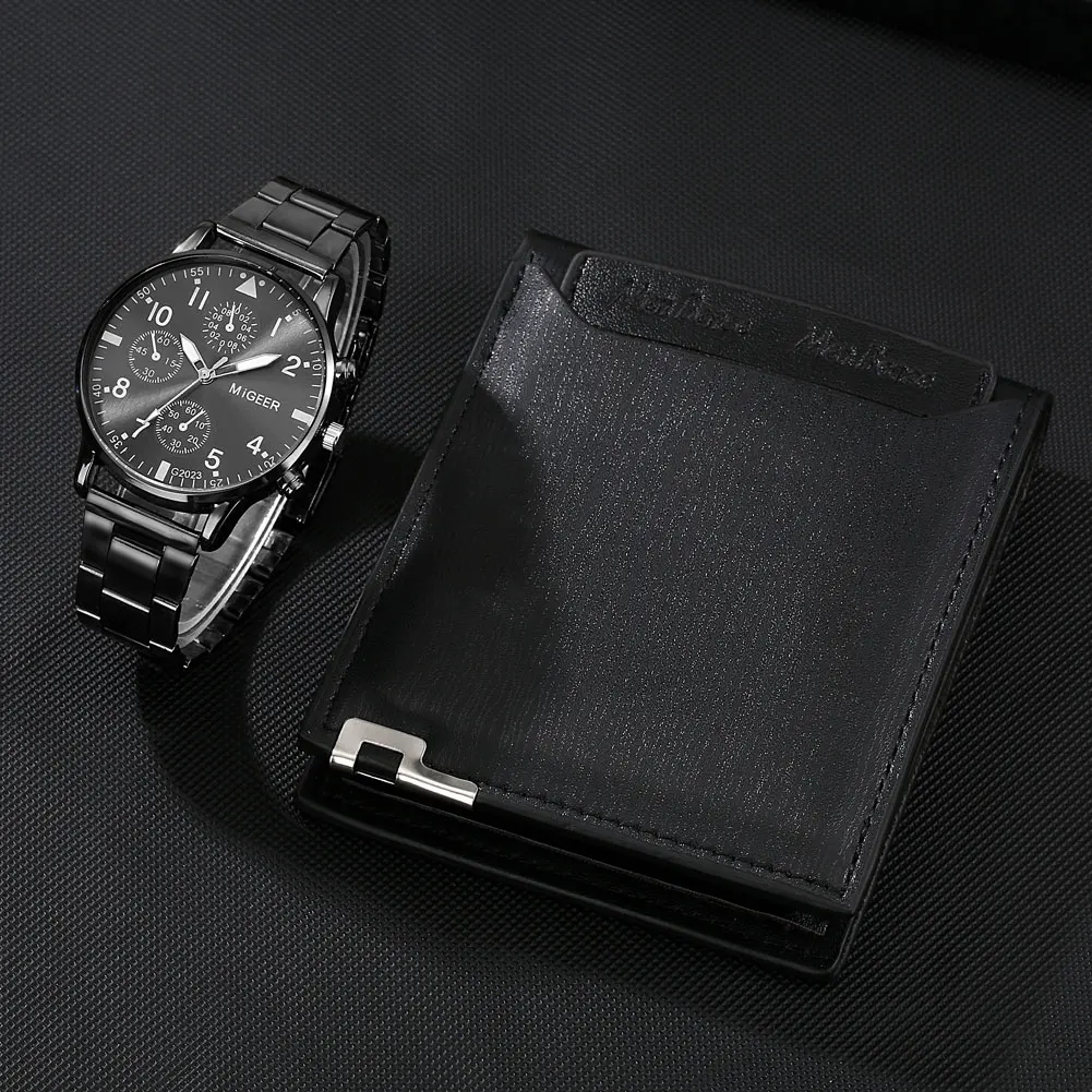 Business Man Wristwatch Cool Black Man Watch with Wallet Set Fashion Luxury Quartz Clock Birthday Present Box for Men Male Gifts
