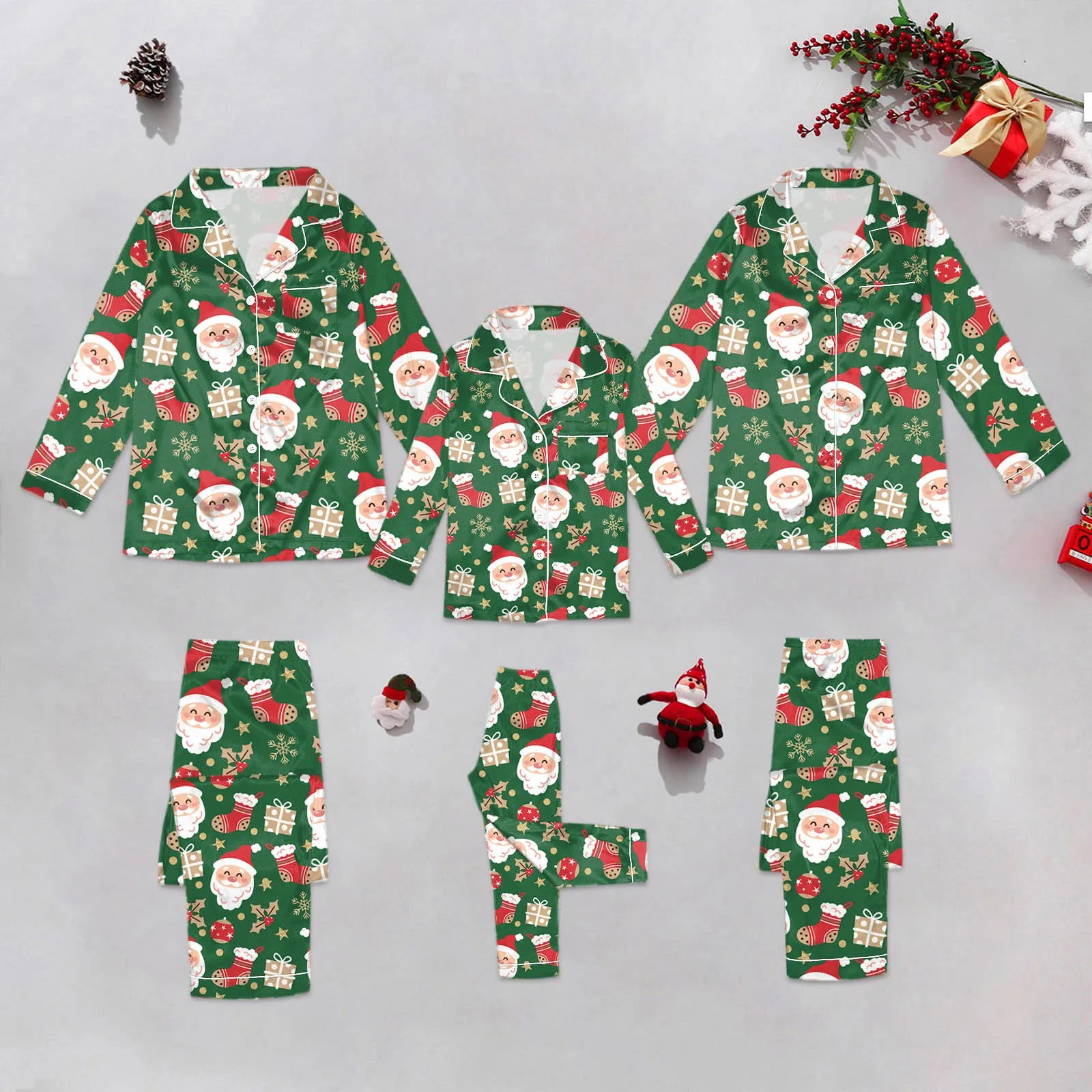 Conjunto de pijama de 2 piezas para mujer, ropa de dormir, pijama con estampado navideño de Papá Noel, pantalones de manga larga, traje informal ventilado, ropa de casa, conjunto de satén de seda