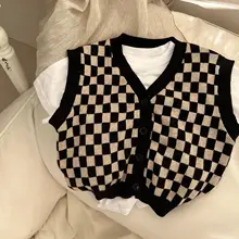 Gilet en tricot pour enfants, Cardigan classique à carreaux noir et blanc pour bébés garçons et filles, pull sans manches en coton, Tops tricotés, printemps 2022
